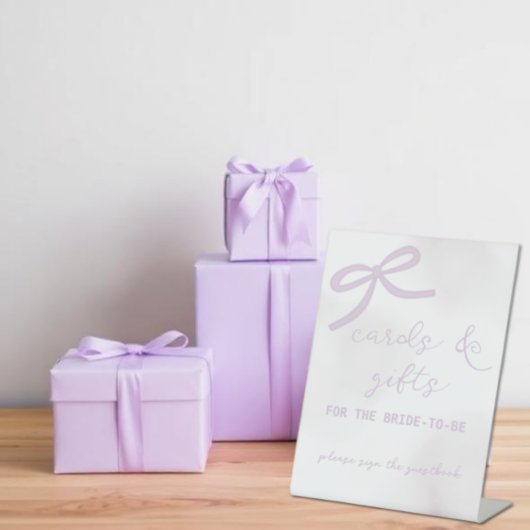 パープルリボン水彩色のウェディングシャワーカード&ギフト 台座サイン