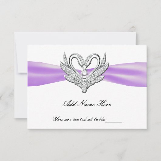 パープルリボン シルバー スワン テーブル プレイスクカード 招待状 (正面)