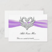 パープルリボン シルバー スワン テーブル プレイスクカード 招待状 (正面/裏面)