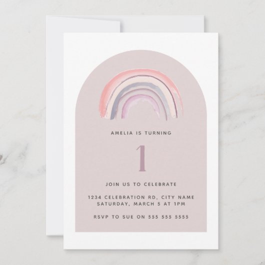 パープルレインボーウォーターカラーファースト誕生日 招待状 (正面)