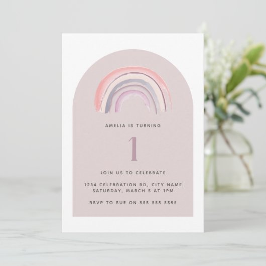 パープルレインボーウォーターカラーファースト誕生日 招待状 (スタンド正面)