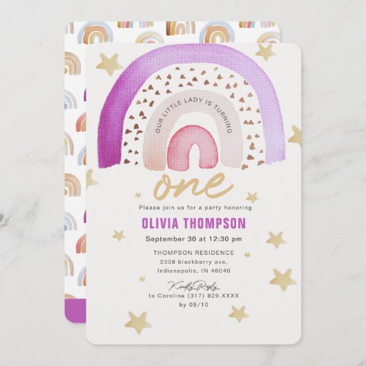 パープルレインボースターズファースト誕生日パーティー 招待状 (正面/裏面)