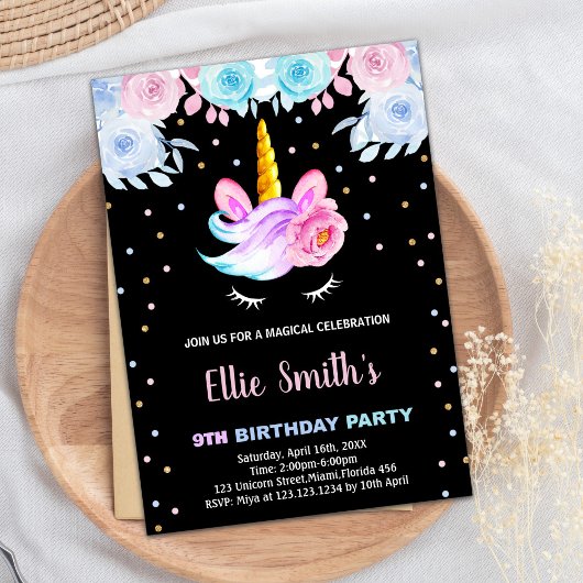 パープルレインボーピンクユニコーン誕生日招待状 招待状
