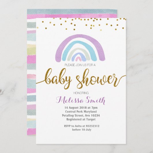 パープルレインボーベビーシャワー招待状カード 招待状 (正面/裏面)