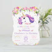 パープルレインボーユニコーンの1歳誕生日招待状 招待状 (スタンド正面)