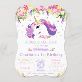パープルレインボーユニコーンの1歳誕生日招待状 招待状