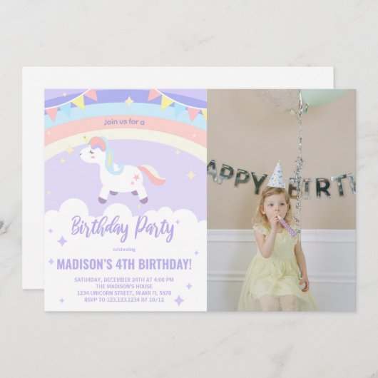 パープルレインボーユニコーン誕生日招待状写真 招待状 (正面/裏面)