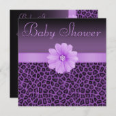 パープルレオパードプリントきらきら光る&フラワーベビーシャワー 招待状 (正面/裏面)