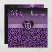 パープルレオパードプリント&きらきら光るハートベビーシャワー 招待状 (正面/裏面)
