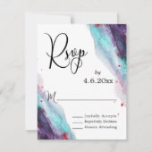 パープルレッドアクアウォーターカラーモダンウェディングRSVP 出欠カード (正面)