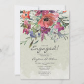 パープルレッドウォーターカラーフローラセージ婚約パーティ 招待状 (正面)