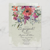 パープルレッドウォーターカラーフローラセージ婚約パーティ 招待状 (正面/裏面)