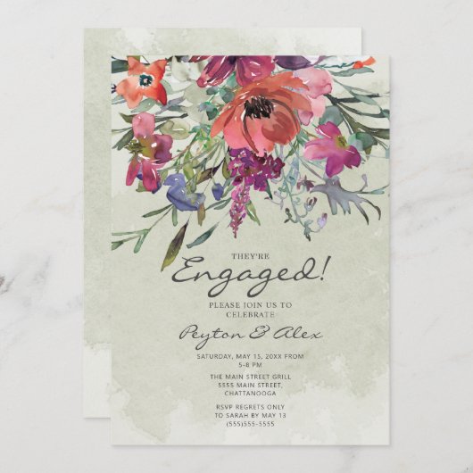 パープルレッドウォーターカラーフローラセージ婚約パーティ 招待状 (正面/裏面)