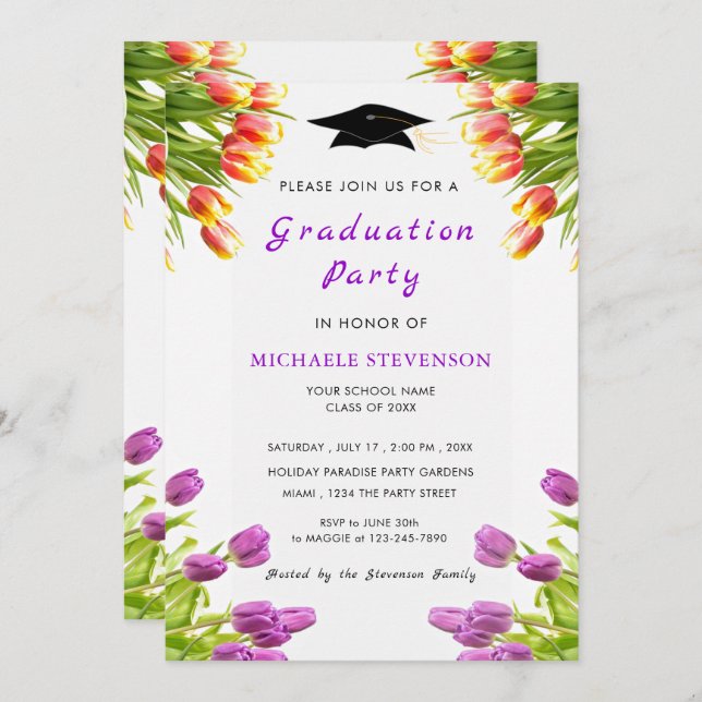 パープルレッドチューリップ卒業パーティー招待状 (正面/裏面)