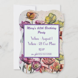 パープルレッドポピーフローラ60th誕生日招待状 招待状