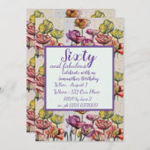 パープルレッドポピーフローラ60th誕生日招待状 招待状 (正面/裏面)