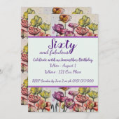 パープルレッドポピーフローラ60th誕生日招待状 招待状 (正面/裏面)