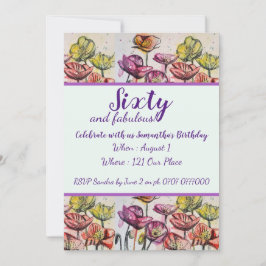 パープルレッドポピーフローラ60th誕生日招待状 招待状