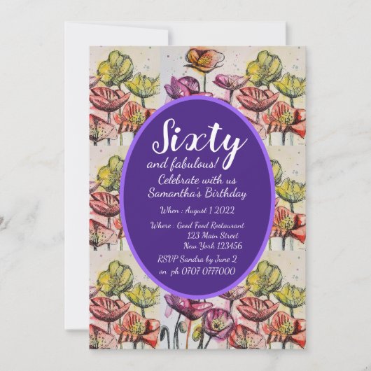 パープルレッドポピーフローラ60th誕生日招待状 招待状 (正面)