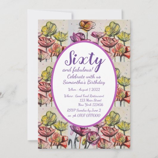パープルレッドポピーフローラ60th誕生日招待状 招待状 (正面)