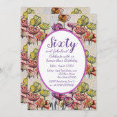 パープルレッドポピーフローラ60th誕生日招待状 招待状 (正面/裏面)