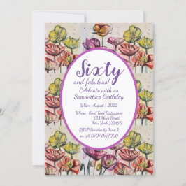 パープルレッドポピーフローラ60th誕生日招待状 招待状