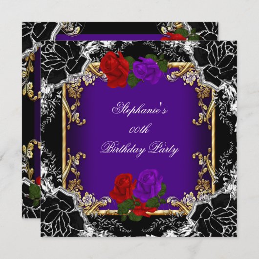 パープルレッドローズ金ゴールドブラックバースデーパーティー 招待状 (正面/裏面)