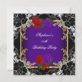 パープルレッドローズ金ゴールドブラックバースデーパーティー 招待状 (正面)