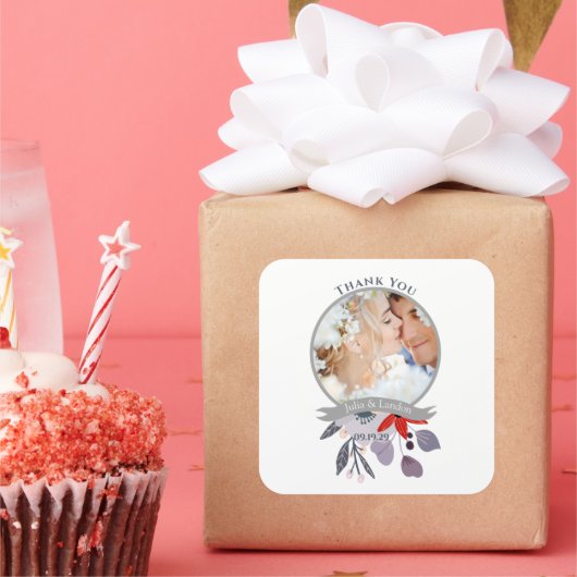 パープルレッド赤面ピンクブルーフローラリース結婚ズ スクエアシール (パーティー)