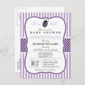パープルレディバグ；女の子ベビーシャワー招待状 インビテーションポストカード (正面/裏面)