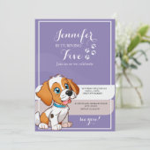 パープルレトロかわいい子犬をテーマにした子供の誕生日パーティー 招待状 (スタンド正面)