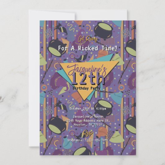 パープルレトロウィッチハロウィーン誕生日招待状 招待状 (正面)