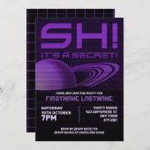 パープルレトロウェーブサプライズバースデーパーティー招待状 招待状 (正面/裏面)