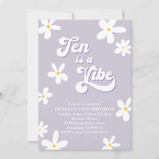 パープルレトロデイジーテンアヴィベ誕生日 招待状 (正面)