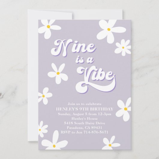 パープルレトロデイジーナインはヴィベ誕生日 招待状 (正面)
