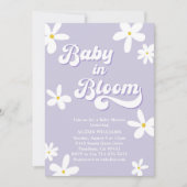 パープルレトロデイジーベビーシャワーベビーイン開花 招待状 (正面)