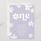 パープルレトロデイジーワンサンバースデーガール 招待状 (正面)