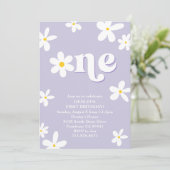 パープルレトロデイジーワンサンバースデーガール 招待状 (スタンド正面)