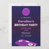 パープルレトロナイトDJディスコボール誕生日パーティー 招待状 (正面)