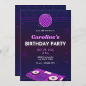 パープルレトロナイトDJディスコボール誕生日パーティー 招待状 (正面/裏面)
