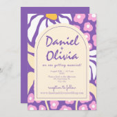 パープルレトロフローラとQR結婚式招待状 招待状 (正面/裏面)