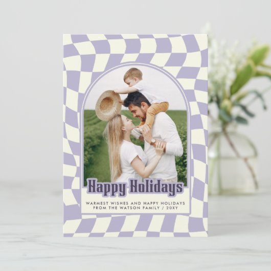 パープルレトロ市松模様にGroovy Happy Holidays写真 シーズンカード (スタンド正面)
