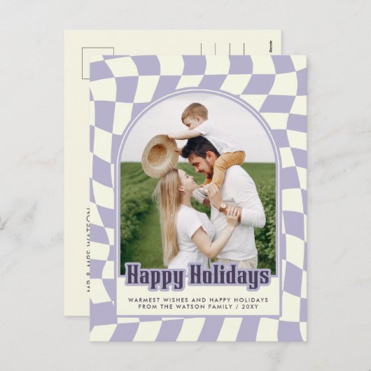 パープルレトロ市松模様にGroovy Happy Holidays写真 シーズンポストカード (正面/裏面)