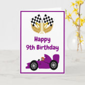 パープルレーシングカーパーソナライズされたデザイン9th誕生日 カード (黄色い花)
