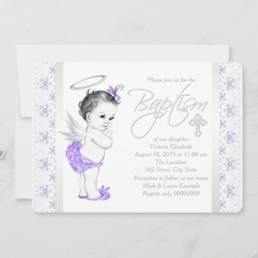 パープルレースエンジェルベビーガールバプテスマ 招待状 (正面)