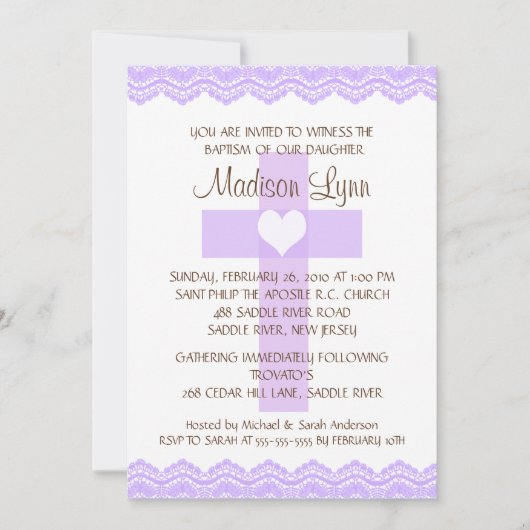 パープルレースクロスベビーガールバプテスマイン 招待状 (正面)