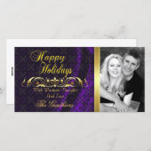 パープルレースシルク&金ゴールドスクロールホリデーフォトカード シーズンカード (正面/裏面)