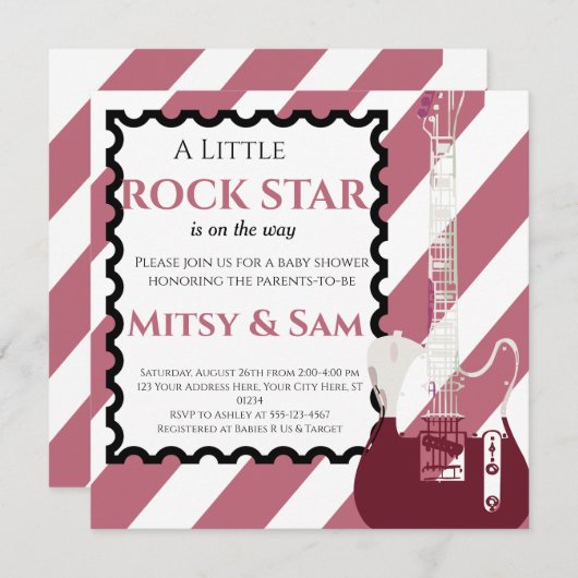 パープルロックスターロックバイバイベビーシャワー招待状 招待状 (正面/裏面)