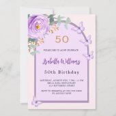 パープルローズの花飾りピンクのアーチ蝶の誕生日 招待状 (正面)