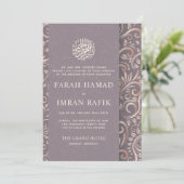 パープルローズゴールドオルネイトパターン ムスリムウェディング 招待状 (スタンド正面)